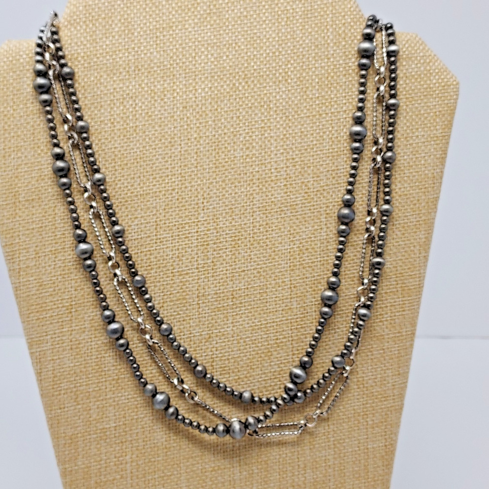 Triple Strand Faux Gray Pearl Textured Paper Clip Chain Stacking Necklace to 26"